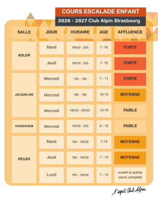 Créneaux cours jeunes 2026-2027